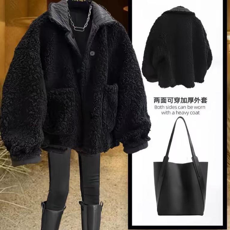 Tweed Style Melard American-Style Workwear Casual Fashion Reversible Black Lamb Wool Short Jacket Spring and Autumn Women's Clothing
