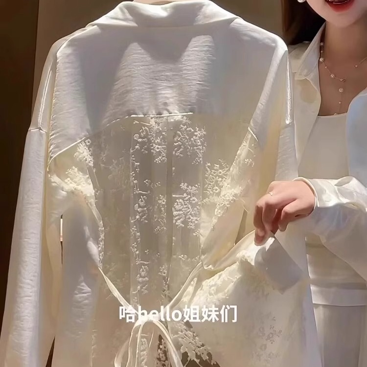 French-Style High-End Lace Hollow-Out Patchwork Backless Tie-Up Long-Sleeve Shirt for Women, Spring and Summer, Casual Loose Jacket Top French-Style High-End Lace Hollow-Out Patchwork Backless Tie-Up Long-Sleeve Shirt for Women, Spring and Summer, Casual Loose Jacket Top