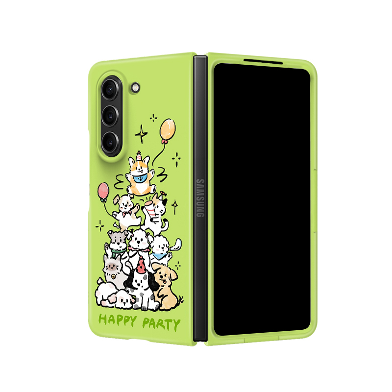 Green Background Puppy Design Suitable for Samsung Z Fold7 Phone Case, Fold6 New Model for Women, Fold 50% off Foldable Screen W26/W25, Premium Niche Ultra-Thin Anti-Drop Japanese and Korean Film Hard Case