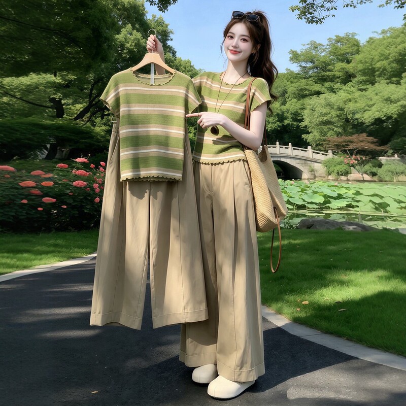 High-End Sports Suit for Women in Summer, Slimming and Fashionable, Contrasting Green Stripes, Short-Sleeved Wide-Leg Pants, Casual Two-Piece Set High-End Sports Suit for Women in Summer, Slimming and Fashionable, Contrasting Green Stripes, Short-Sleeved Wide-Leg Pants, Casual Two-Piece Set