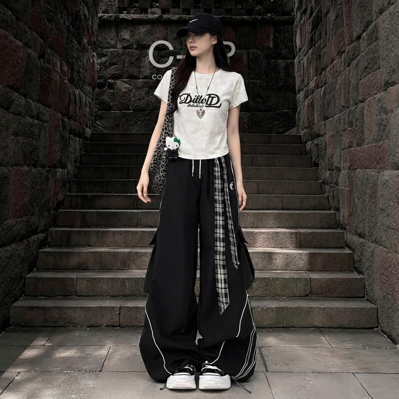American-Style High-End Sports Suit for Women, Summer Loose-Fitting Slimming Short-Sleeved T-Shirt, Workwear Wide-Leg Pants, Casual Two-Piece Set