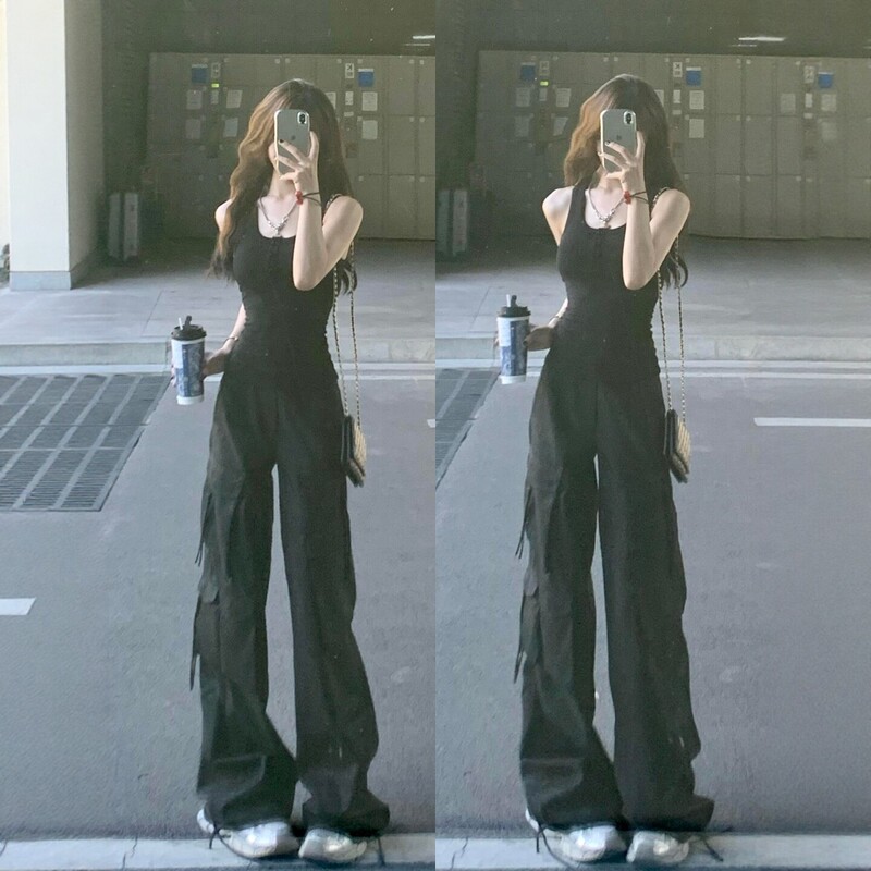 Hong Kong Style Retro Sportswear Suit for Women, Summer Slimming Fashion Vest, Workwear Wide-Leg Pants, Casual Two-Piece Set for Running