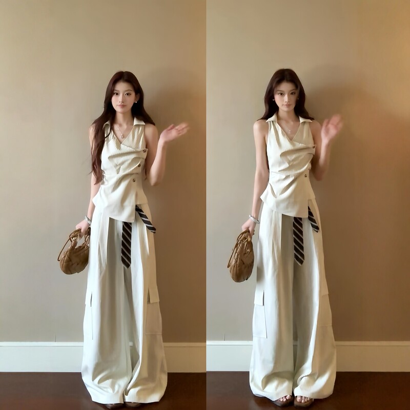 French-Style Design Sports Suit for Women, Summer Fashion, Stylish Striped Sleeveless Top, Wide-Leg Pants, Casual Two-Piece Set