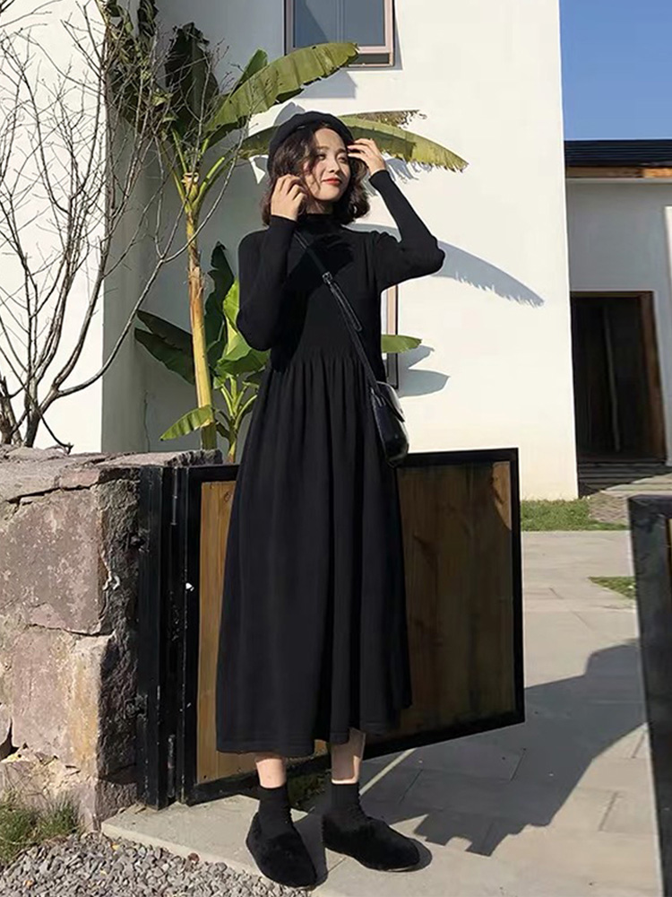 Long-style sweater dresses dress with big dress skirts knit bottom one-piece dress Women's autumn winter 2023 new inner hitch thickened-Taobao