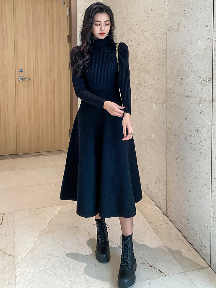 Black knit dress dress lady autumn and winter 2023 hew up waist high collar internal hitch bottom dress with big coat dress-Taobao