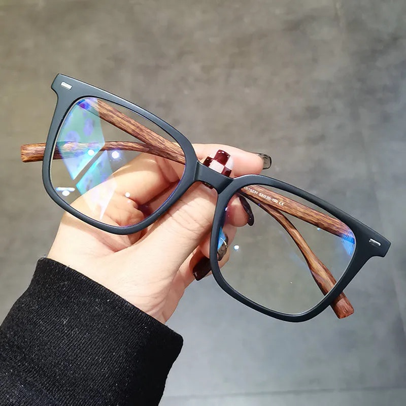 Tr90 Anti-Blue Light Student Glasses, Korean Style Retro Wood Grain Legs, Square Frame, Can Be Customized with Prescription Lenses, Make the Face Look Slimmer, Trendy Eyeglass Frame