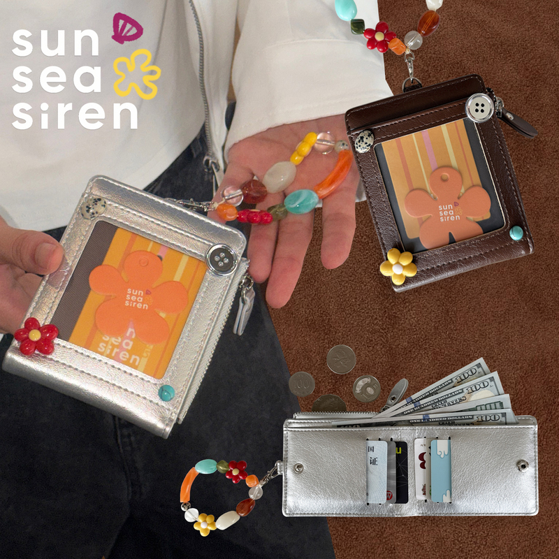 Sunseasiren Original Flower Series Handle Silver-Brown Wallet Card Holder Coin Purse All-In-One Multi-Function