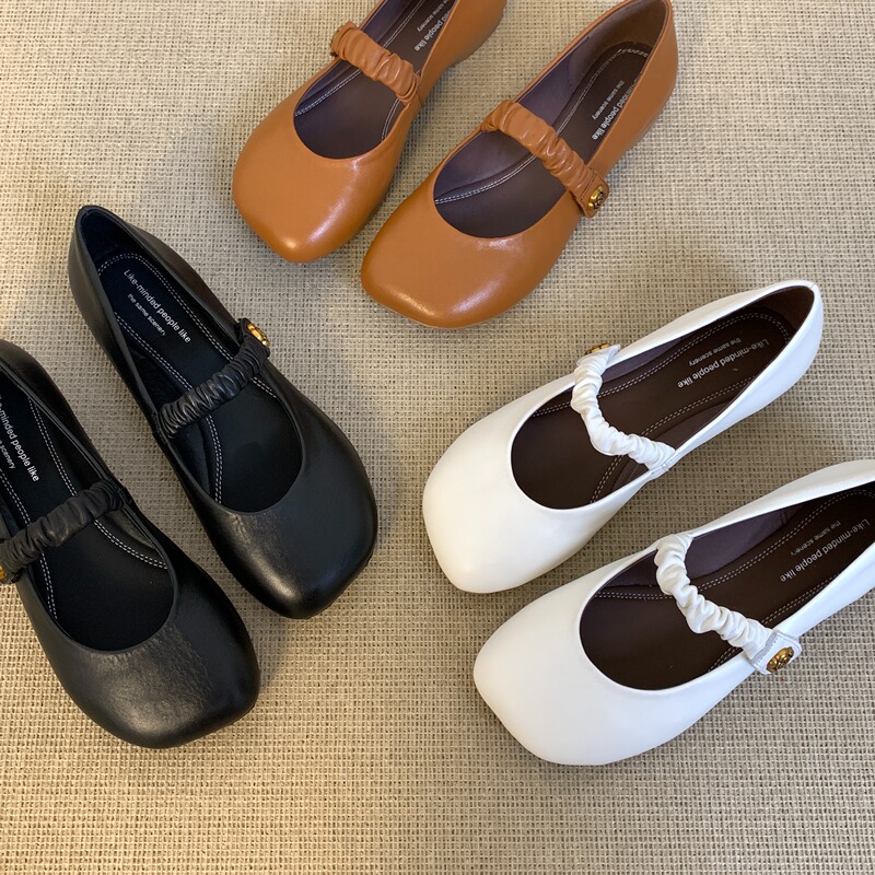 34-42 Large Sizes Available, Slightly Widened First-Layer Cowhide Velcro Mary Jane Shoes, 2025 Summer Women's Square-Toe Shallow Single Shoes
