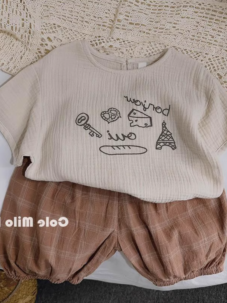 Gauze retro children's short sleeve T-shirt for boys, Korean style