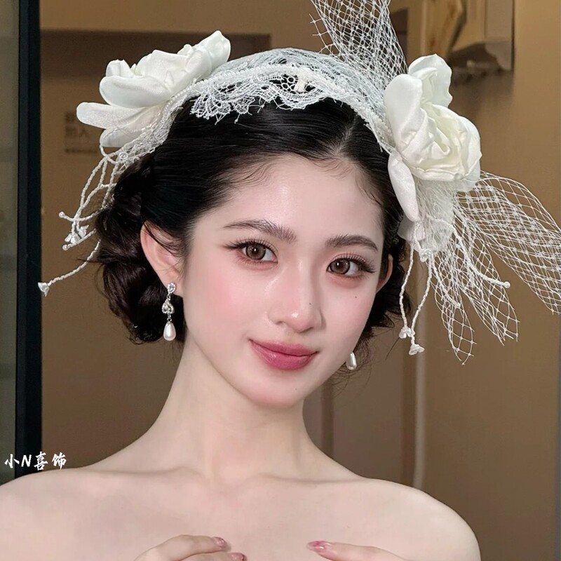 French-Style Bride's Fairy-Like Lace Mesh Hat, High-End Vintage Floral Wedding Dress, Elegant Wedding Accessories