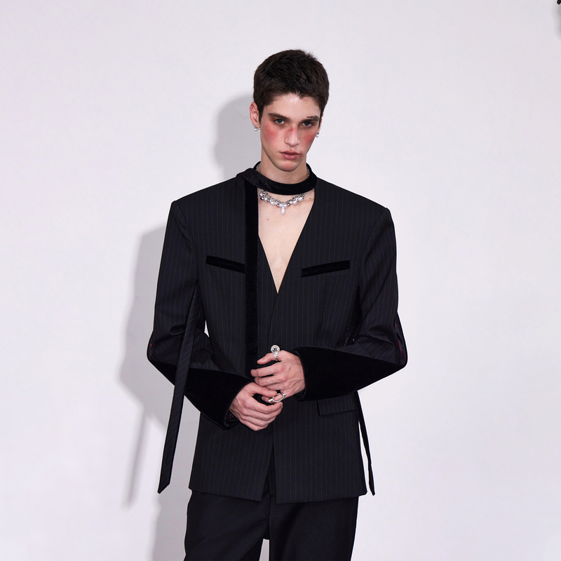Interlinked Deconstructed Striped High-Tech Patchwork Lapel Blazer Autumn and Winter V-Neck Retro High-End Loose Coat