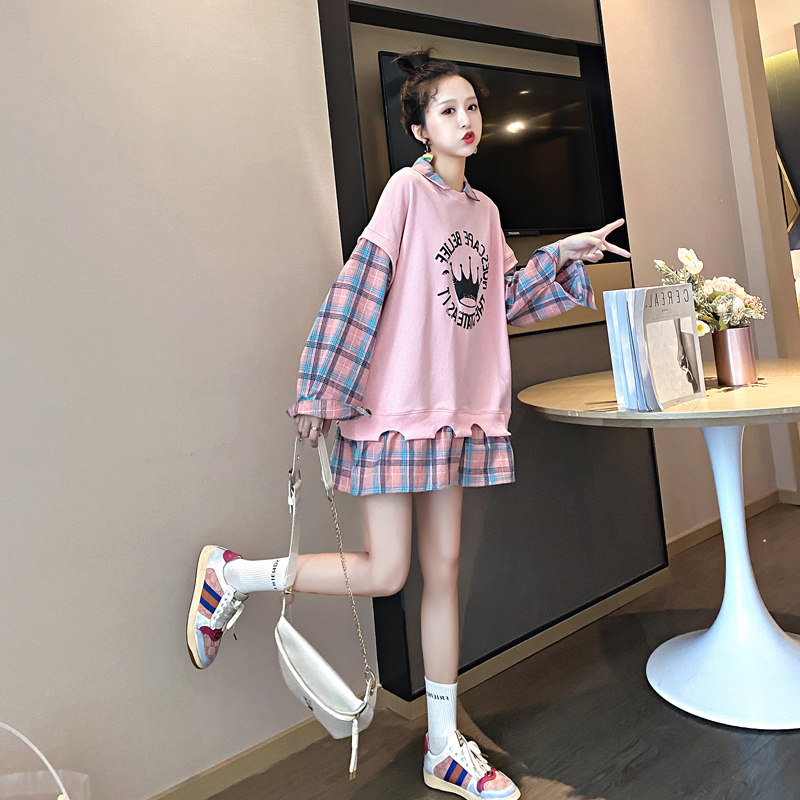 Pregnant women's spring clothing 2022 new fake two pieces of loose pregnant women's clothing and women's Chains tide retro net red with long sleeve blouses