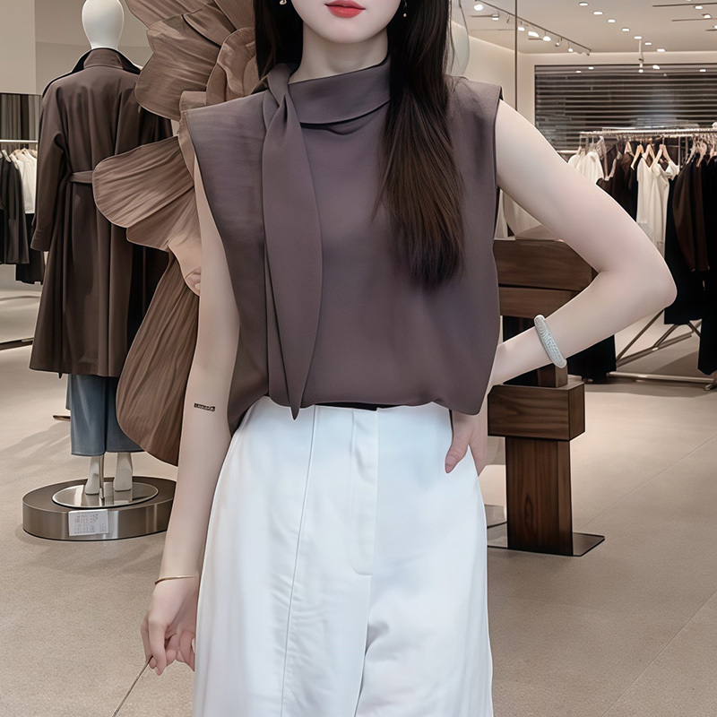 Coffee-Colored Vest Shirt for Women 2026 Summer Round Neck Shirt with Ribbon Design, Niche French Style, Sleeveless Top Coffee-Colored Vest Shirt for Women 2026 Summer Round Neck Shirt with Ribbon Design, Niche French Style, Sleeveless Top