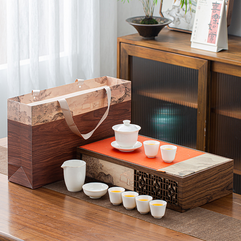 High-end tea set 2024 new teapot cover bowl light luxury high-end Chinese style tea brewing and drinking tea Kung Fu tea cup gift box