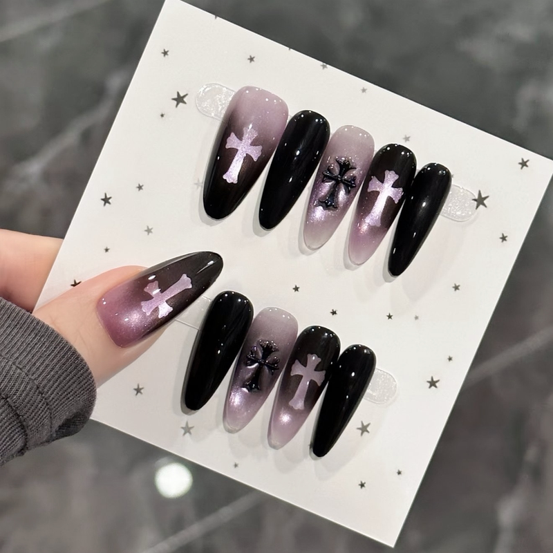 Dark Nun Cross Handmade Cat Eye Nail Art Hand-Painted Gradient French Sweet Cool White-Enhancing Black and Purple Press-On Nails