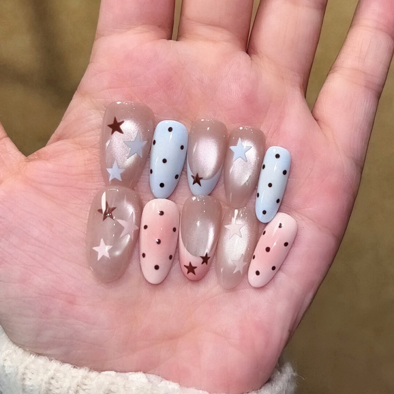 Milk Coffee Star Polka Dot Handmade Blue and Pink Cat Eye Press-On Nails, Hand-Painted Milky Gentle Girly Style Nail Tips, Mandarin Duck Design
