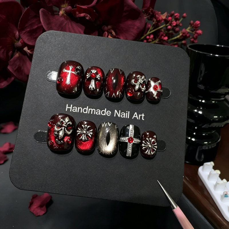 【Dark Flame Crow】Burgundy Dark Cross Demon's Eye Metal Decoration Punk Super Cool Short Handmade Wearable Nails