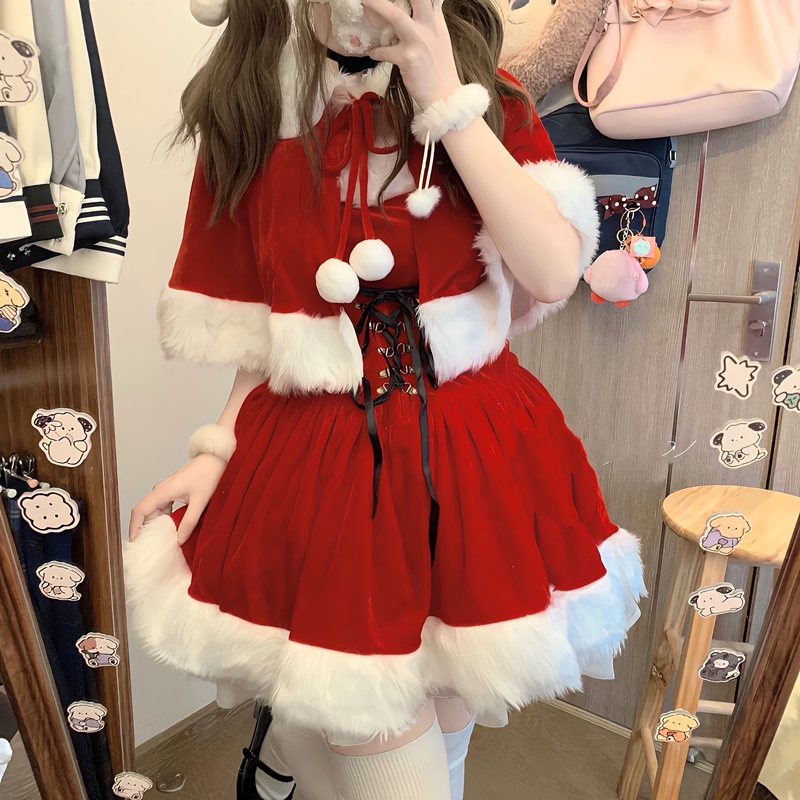 Christmas Clothing for Women, Winter Velvet Shawl Dress, Sexy Waist-Cinching Christmas Hat Set, Party Outfit
