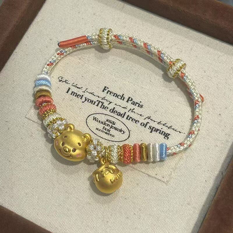 Gold-Plated Silver Zodiac Year Red String Bracelet Winnie the Pooh Honey Pot Bracelet Gift for Girlfriend with Lucky Beads
