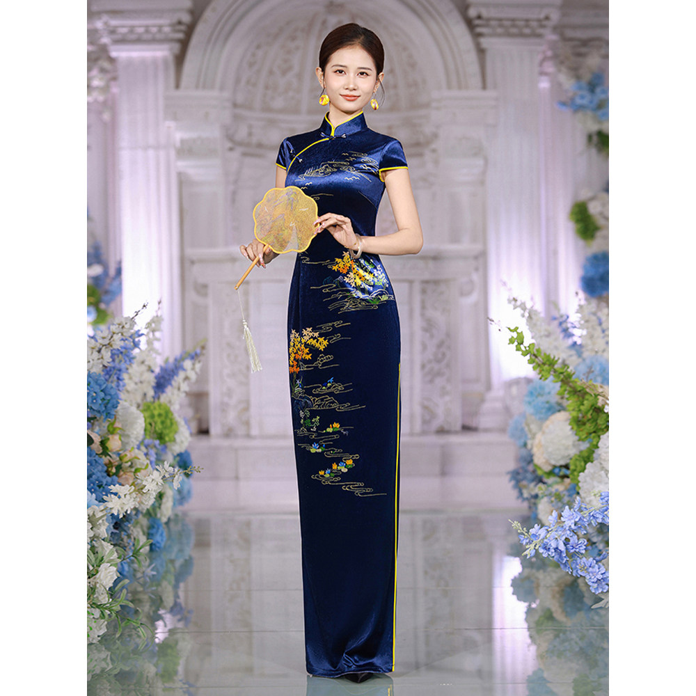 Shili splendid blue cheongsam длинное платье для подиума с темпераментной бабочкой в китайском стиле в стиле ретро, новинка 2026 года