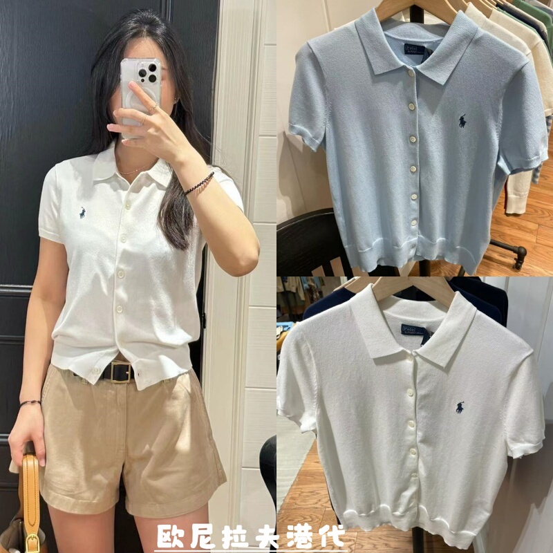 Ralph Lauren Short-Sleeved Knitted Cardigan Cotton Style Women's Model/Polo Collar with Pony Logo