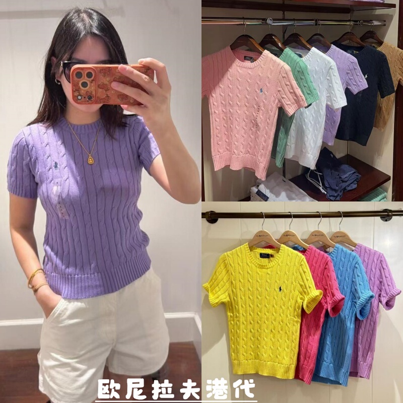 Ralph Lauren Ralph Lauren Pony Logo Knitwear Slim Fit Cable Knit Round Neck T-Shirt for Women/Cable Knit Short Sleeves