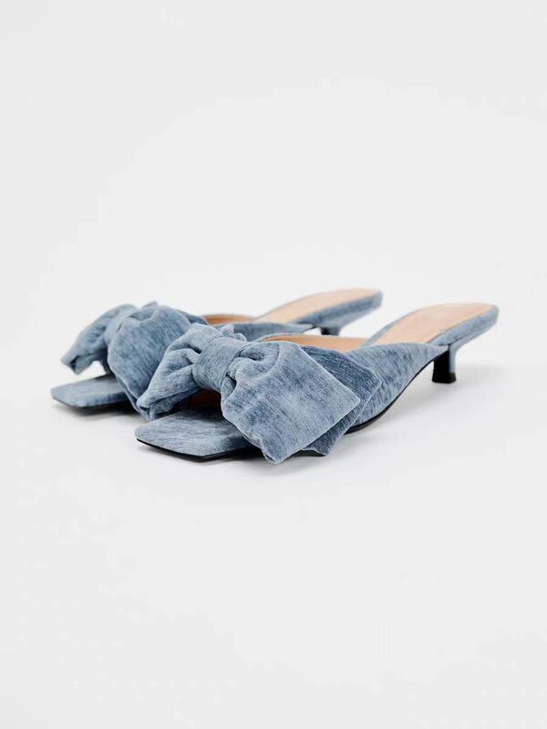 Za2026 Black Velvet High-Heeled Mules with Bow Decoration 2024 Summer New Cat Heel Square Toe Sandals for Women
