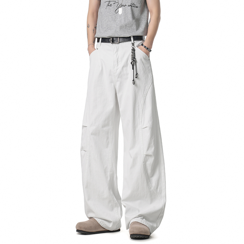 Wainot Trendy American High Street Style White Straight-Leg Casual Pants for Men, Summer Cool Loose Wide-Leg Long Pants