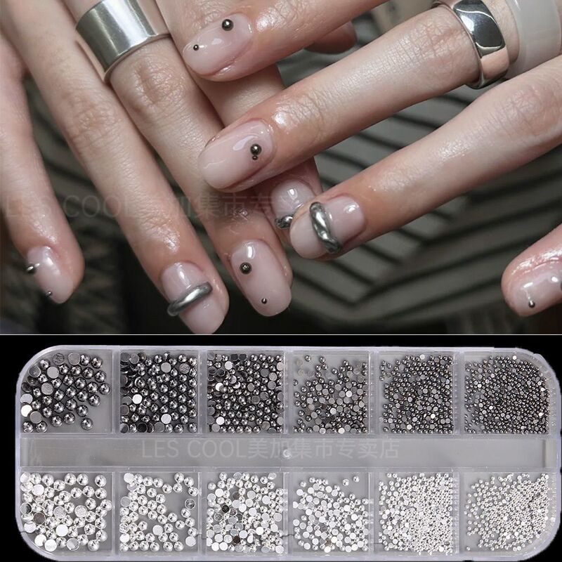 12-Compartment Mini Nail Art Half-Round Steel Beads, Mixed Sizes, Gold and Silver, Mixed 2.5, 3, 4mm, Boxed, White K, Black