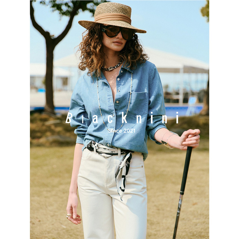 Blacknini Yin Huawu/ "Monica" Private Label Italian Gold Silk-Like Washed Denim Blue Shirt Jacket