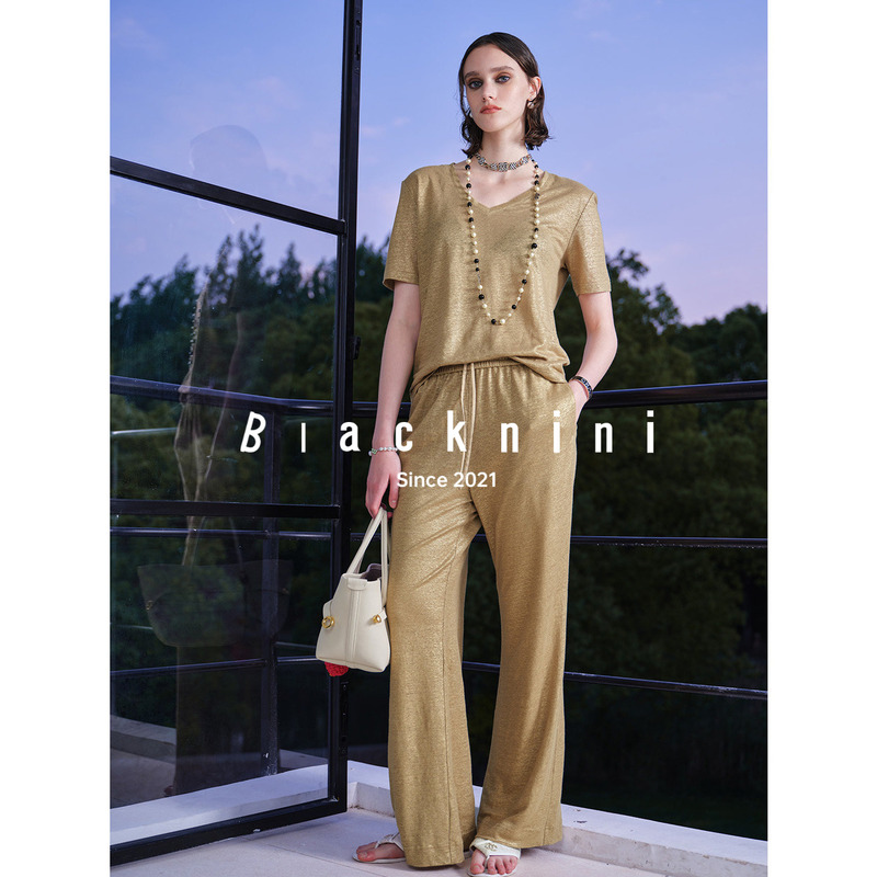 Blacknini 5Th Anniversary (Tri-Color) "Floor Set" Slightly Shimmering Linen Casual Short-Sleeve T-Shirt/Vest/Long Pants for Women Blacknini 5Th Anniversary (Tri-Color) "Floor Set" Slightly Shimmering Linen Casual Short-Sleeve T-Shirt/Vest/Long Pants for Women