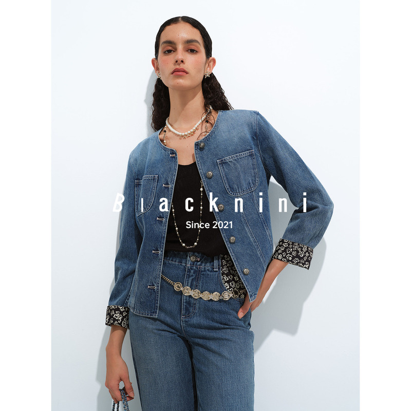 Blacknini Printed Denim Retro Washed Blue Printed Cuffed Round Neck Denim Jacket for Women