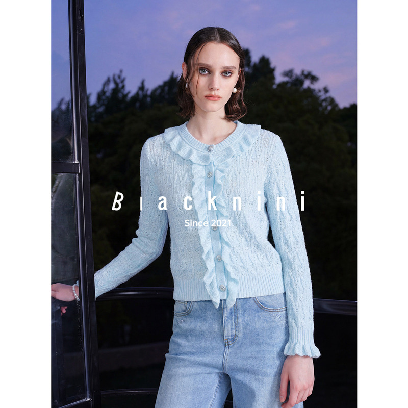 Blacknini (Two Colors) "Lotus Leaf Knitwear" Combed Cotton Loop Yarn Perforated Lotus Leaf Edge Knit Cardigan/Vest Blacknini (Two Colors) "Lotus Leaf Knitwear" Combed Cotton Loop Yarn Perforated Lotus Leaf Edge Knit Cardigan/Vest