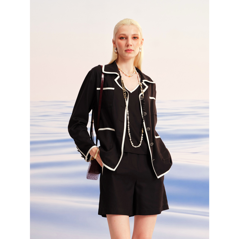 Blacknini (Two Colors) "Como Holiday" Heavy Twill Mulberry Silk Color-Blocked Lapel Jacket Vest Shorts
