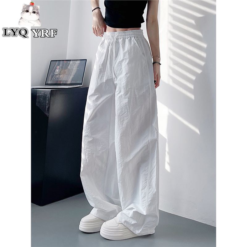 Lyq Yrf White Opaque Quick-Drying Pants for Women, Summer Lightweight Slimming Wide-Leg Pants, High-Waisted Sports Cargo Pants