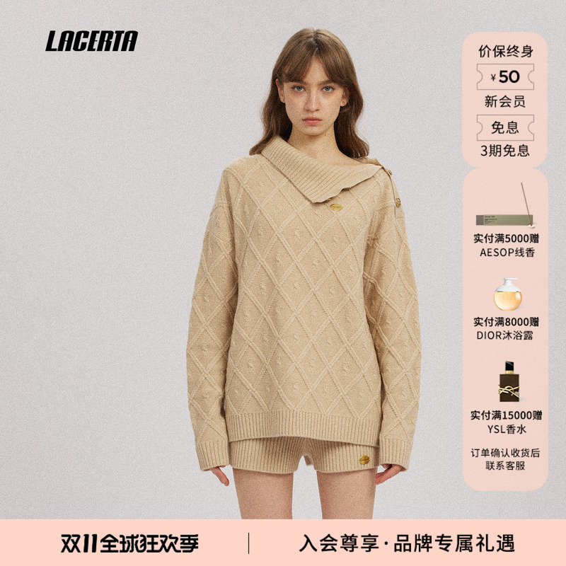 Lacerta Cable Knit Side-Slit Collar Pullover Sweater for Women 2026 Winter New Style 100% Sheep Wool Top Lacerta Cable Knit Side-Slit Collar Pullover Sweater for Women 2026 Winter New Style 100% Sheep Wool Top
