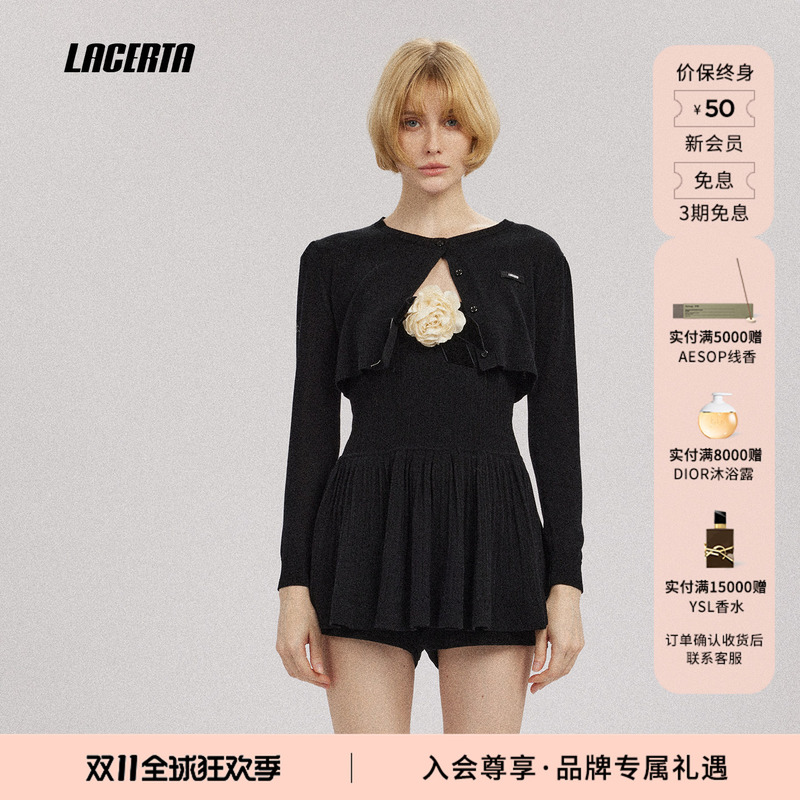 Lacerta/Lacerta 2026 Autumn New Handmade Flower Decorated Short Skirt Knitted Cardigan Suspender Dress Lacerta/Lacerta 2026 Autumn New Handmade Flower Decorated Short Skirt Knitted Cardigan Suspender Dress