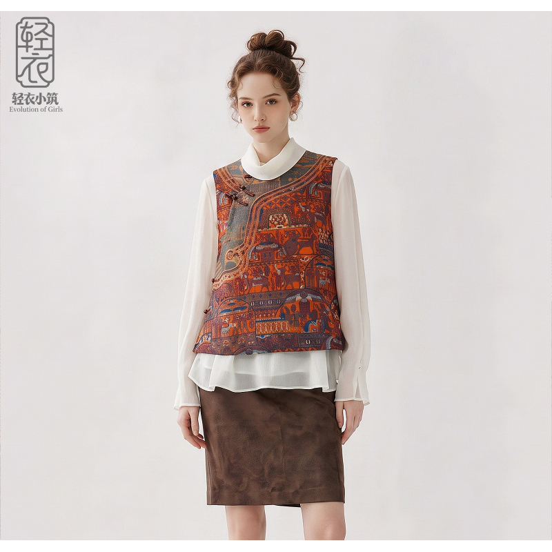 New Chinese-Style Art Oil Painting Print Vest for Women, Spring and Autumn New Style, National Style Diagonal Placket with Button Design, Sleeveless Vest New Chinese-Style Art Oil Painting Print Vest for Women, Spring and Autumn New Style, National Style Diagonal Placket with Button Design, Sleeveless Vest