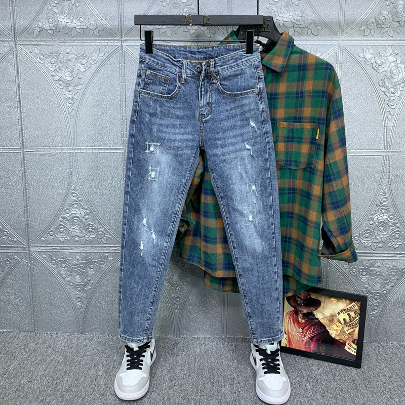 Ripped Jeans for Men, Summer Trendy Retro Versatile Slim Fit Skinny American Style Cool Light-Colored High-End Cropped Pants