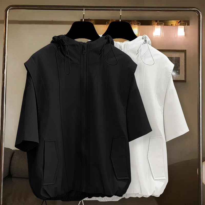 American Workwear Style Hooded Short-Sleeved Cardigan for Men, Summer High Street Fashion, Loose and Versatile, Fake Two-Piece Design T-Shirt Top