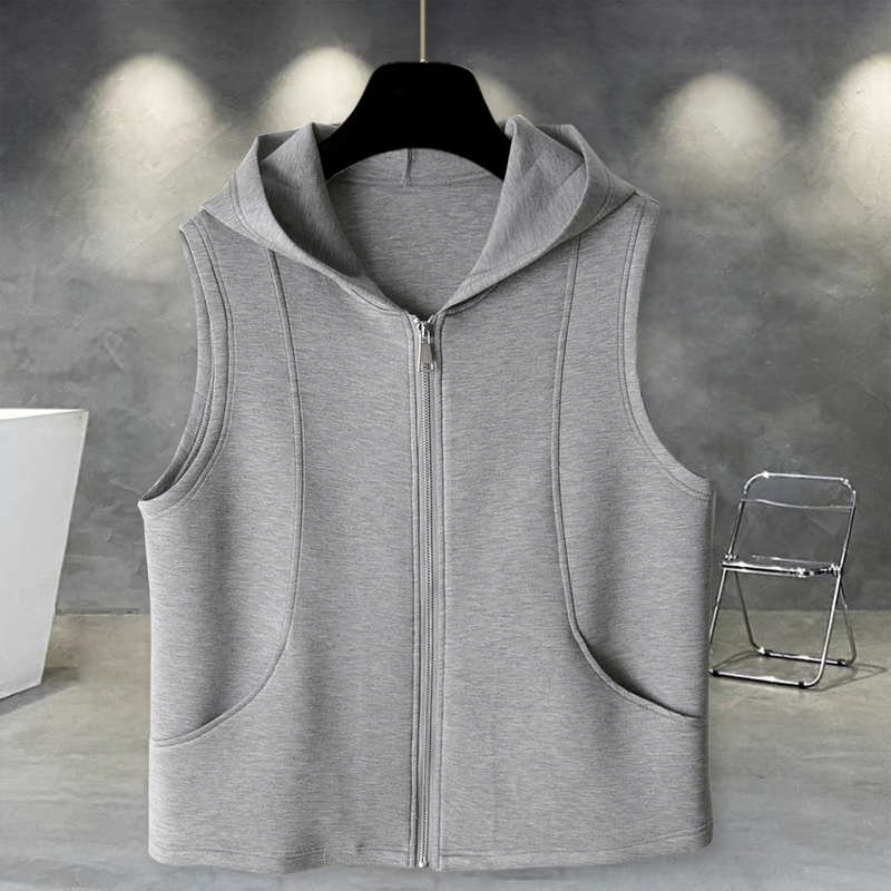 Trendy Brand Simple Casual Style Hooded Zipper Vest for Men and Women, New Summer Product, Gray, High-End Feel, Loose and Breathable Vest
