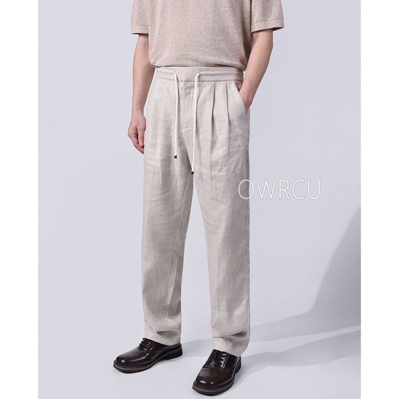 Owrcu9300 Version | 100% French Oasis Linen | Old Money Style Bc Pleated Drawstring Linen Casual Factory Pants