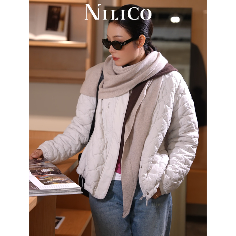 Nilico Chen Mei【Sleeping Cloud】Short Sports-Style Baseball Collar Light Luxury Jacket with Faux Feather Cotton Diamond Quilting