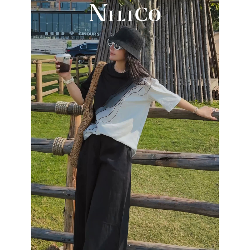 Nilico Chen Mei【Breeze】Casual Color-Blocking T-Shirt for Women, Summer Loose Fit, Slimming, Pure Cotton Inner Wear Short-Sleeve Top Nilico Chen Mei【Breeze】Casual Color-Blocking T-Shirt for Women, Summer Loose Fit, Slimming, Pure Cotton Inner Wear Short-Sleeve Top