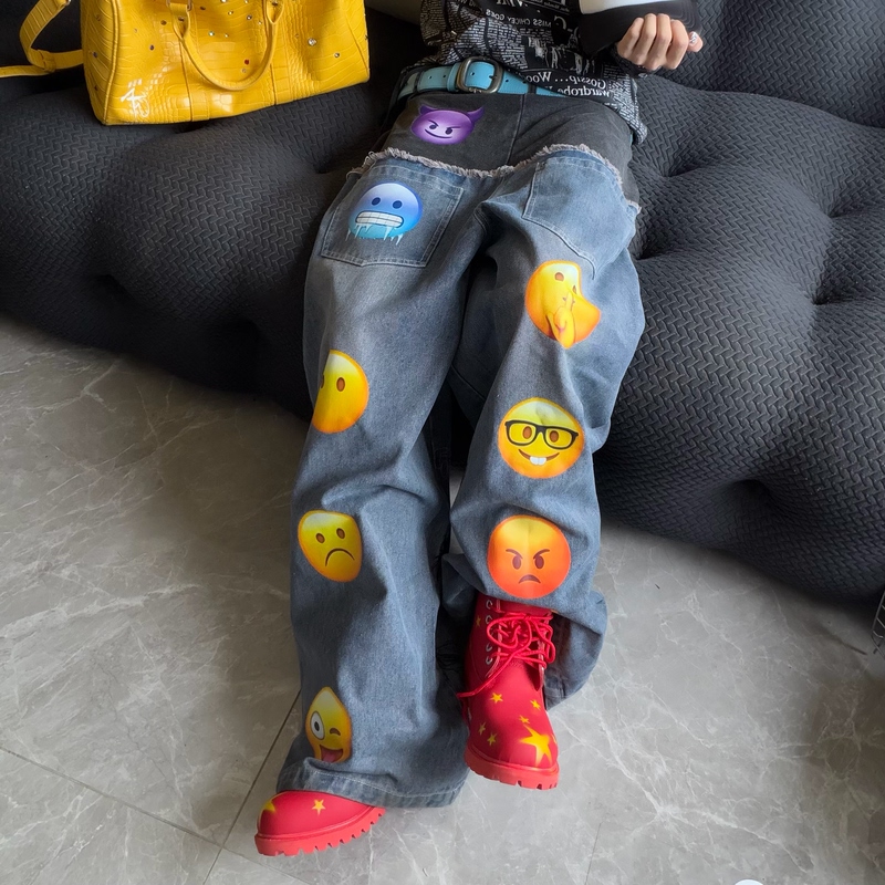 Self Clash Double Waist Patchwork Graffiti Emoji Print Red Washed Jeans Double Belt Jeans