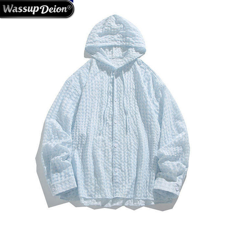 Wassup Deion Japanese Style Hooded Sun Protection Clothing for Men, Summer Bubble Gauze Sun Protection Shirt, Trendy Brand Glacier Blue Skin Clothing