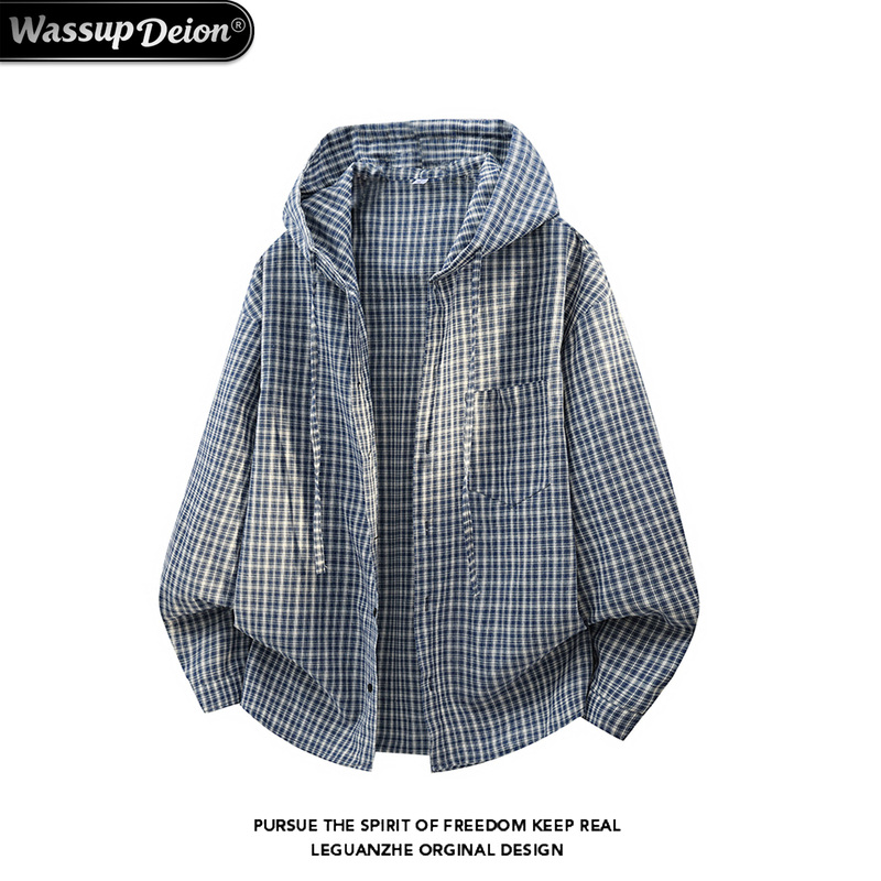 Wassup Deion Japanese Style Hooded Plaid Sun Protection Clothing for Men and Women, Summer Hooded Plaid Long-Sleeve Shirt Jacket for Men