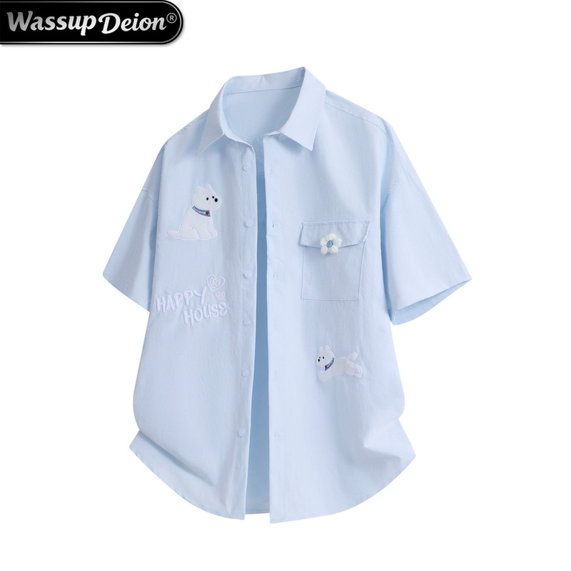 Wassup Deion Japanese Cartoon Dog Embroidered Short-Sleeved Shirt for Men, Summer Water-Repellent Embroidered Shirt Jacket Wassup Deion Japanese Cartoon Dog Embroidered Short-Sleeved Shirt for Men, Summer Water-Repellent Embroidered Shirt Jacket