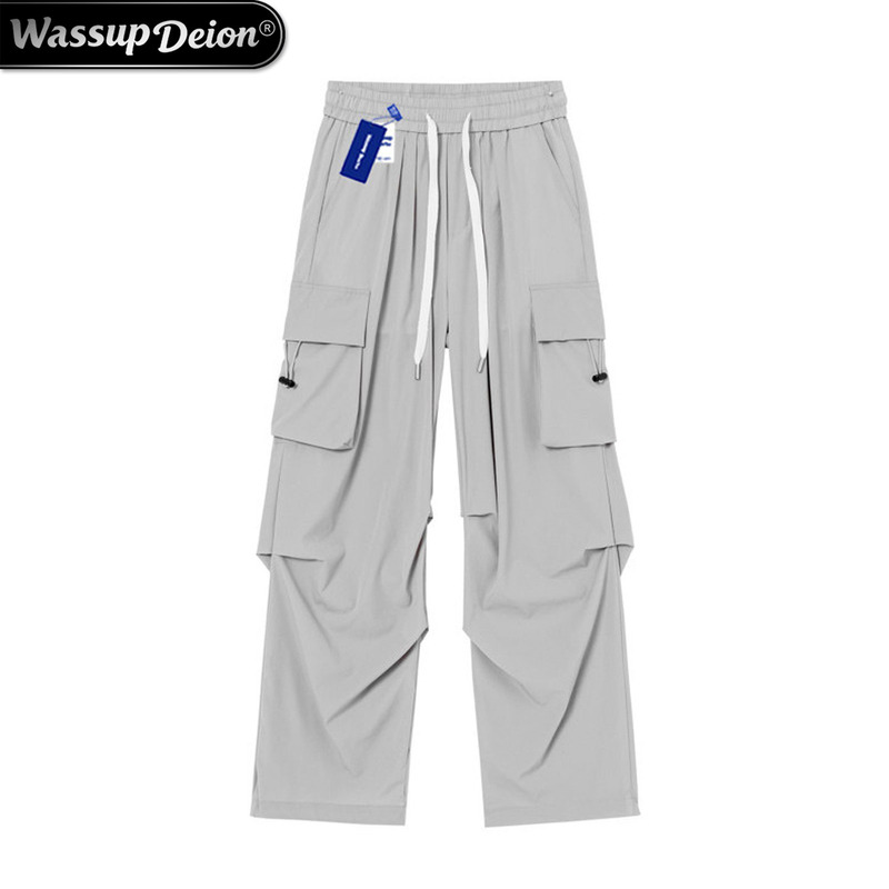 Wassup Deion Japanese-Style Multi-Pocket Cargo Pants for Men and Women, Summer Ice Silk Paratrooper Pants, Couple Casual Straight-Leg Long Pants
