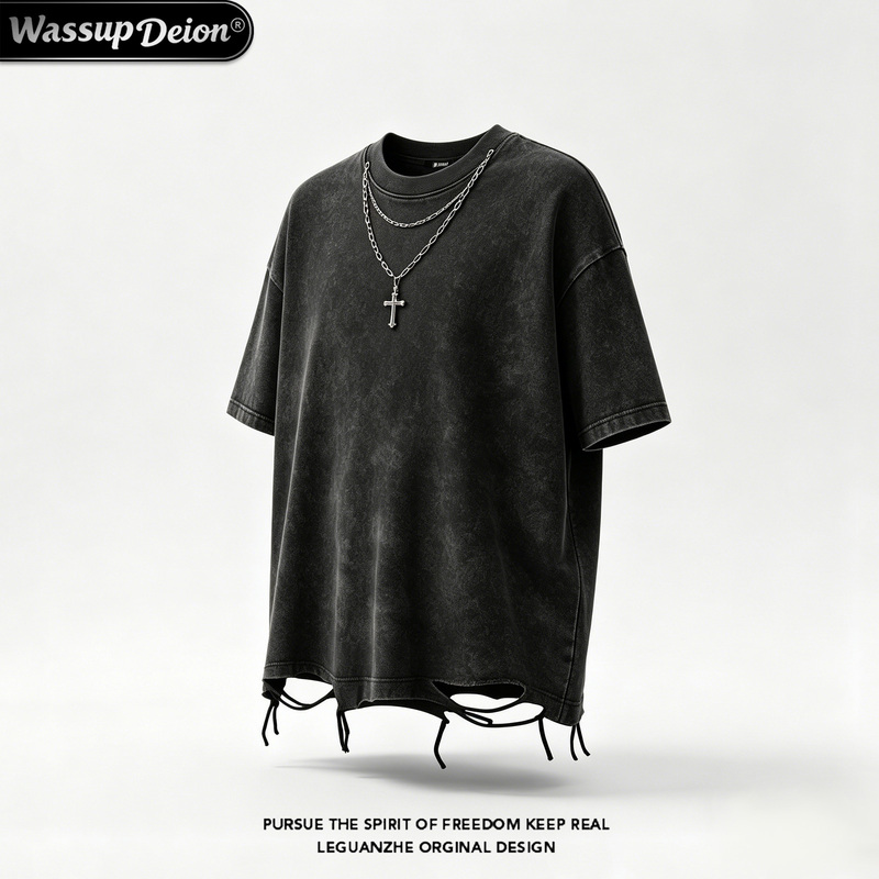 Wassup Deion High Street Style Distressed Ripped Short-Sleeve T-Shirt for Men, Summer Heavyweight Washed Chain Short-Sleeve T-Shirt for Men Wassup Deion High Street Style Distressed Ripped Short-Sleeve T-Shirt for Men, Summer Heavyweight Washed Chain Short-Sleeve T-Shirt for Men